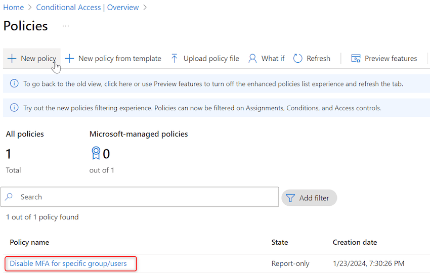 Disable MFA using Azure Portal